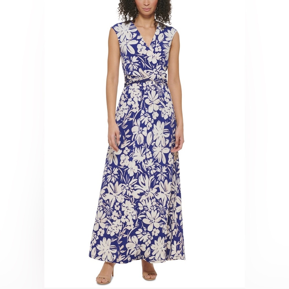 Jessica Howard Navy and White Floral Wrap Maxi Dress